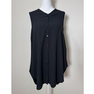 EILEEN FISHER 100% Silk Black Sleeveless V Neck Button Up Tunic Shirt Top XS